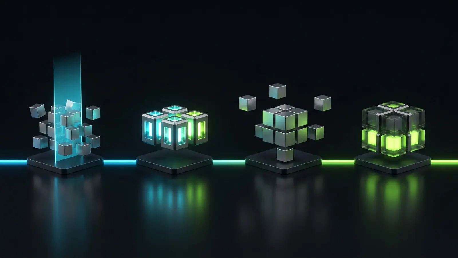 Four-stage 3D architectural timeline illustrating the 60-day operational roadmap for workflow audit, champion mapping, tool consolidation, and core stabilization.