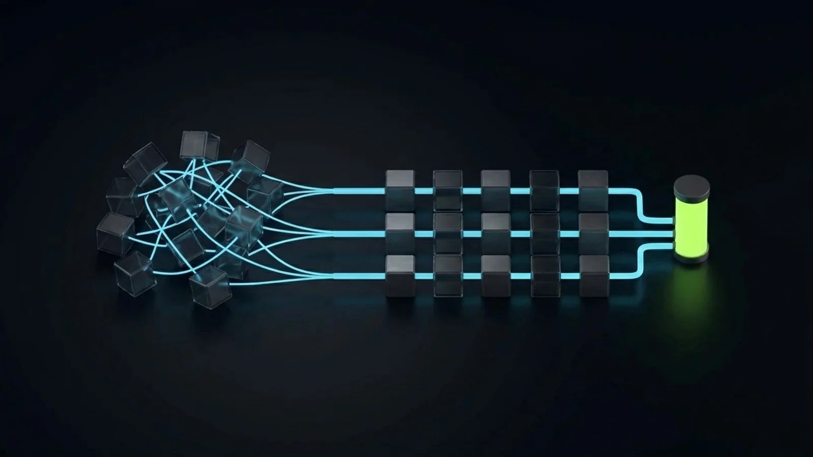 Tangled lines on the left resolving into a clean, ordered flow of connected nodes on the right, representing messy manual work turned into a mapped automated process