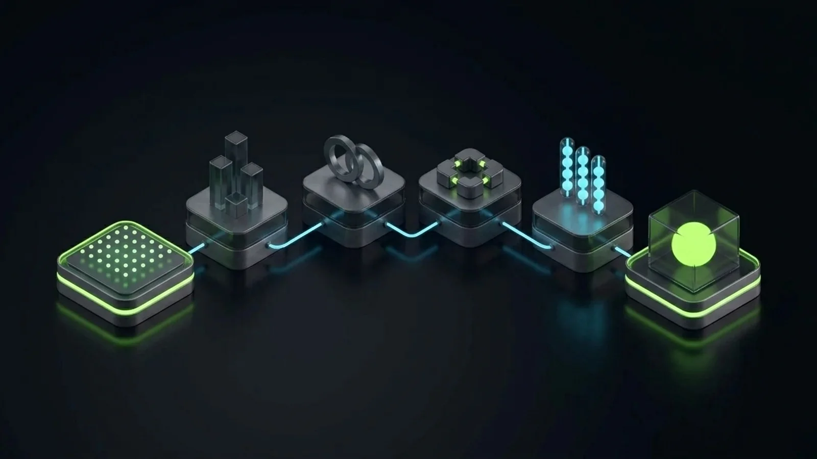 Six connected stages in a left to right sequence, starting with a mapping stage and ending with a handover stage, showing that process mapping comes before tool choice