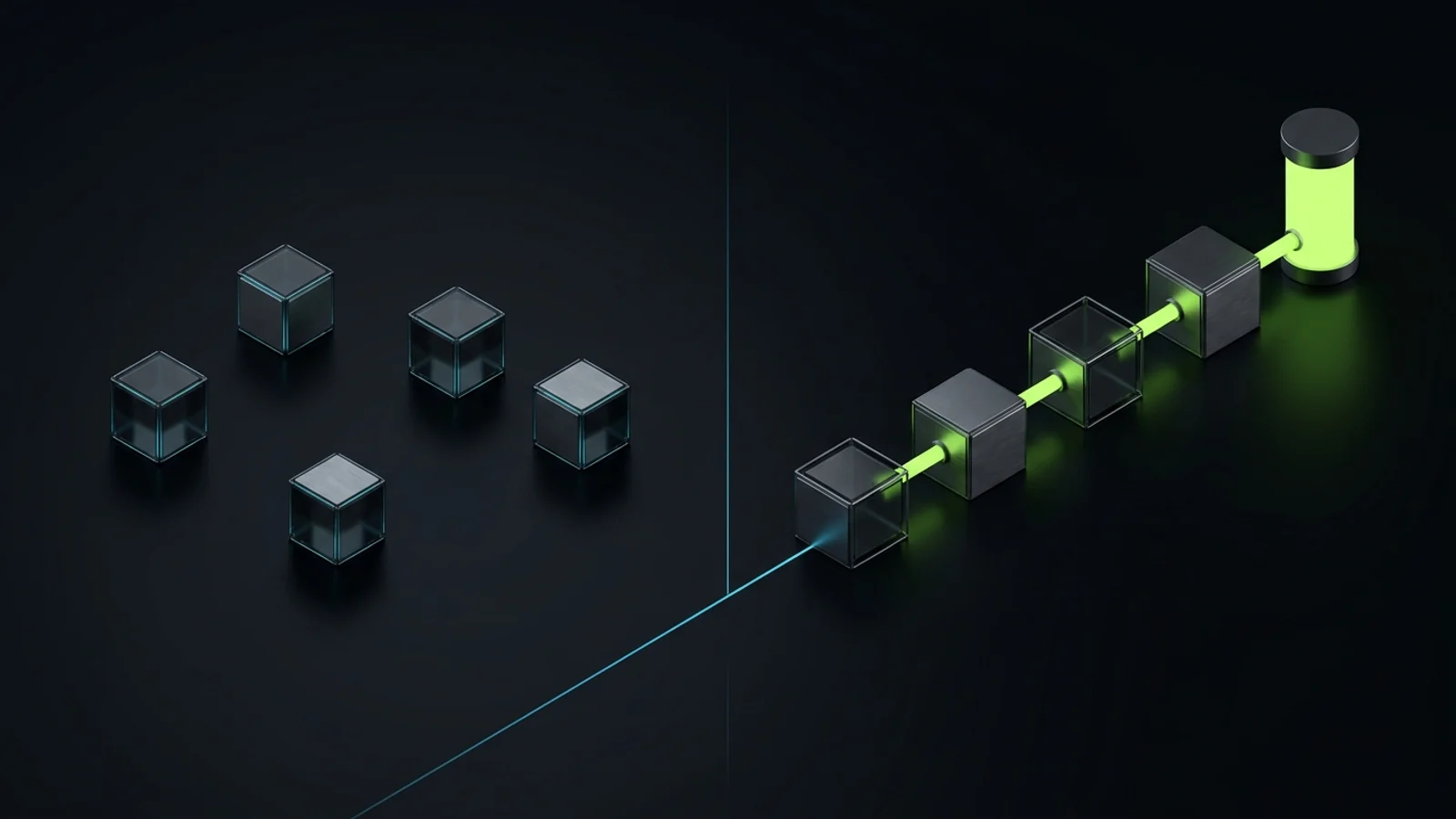 Diagram contrasting a scattered cluster of disconnected tool icons with an ordered pipeline of connected steps ending in a completed outcome