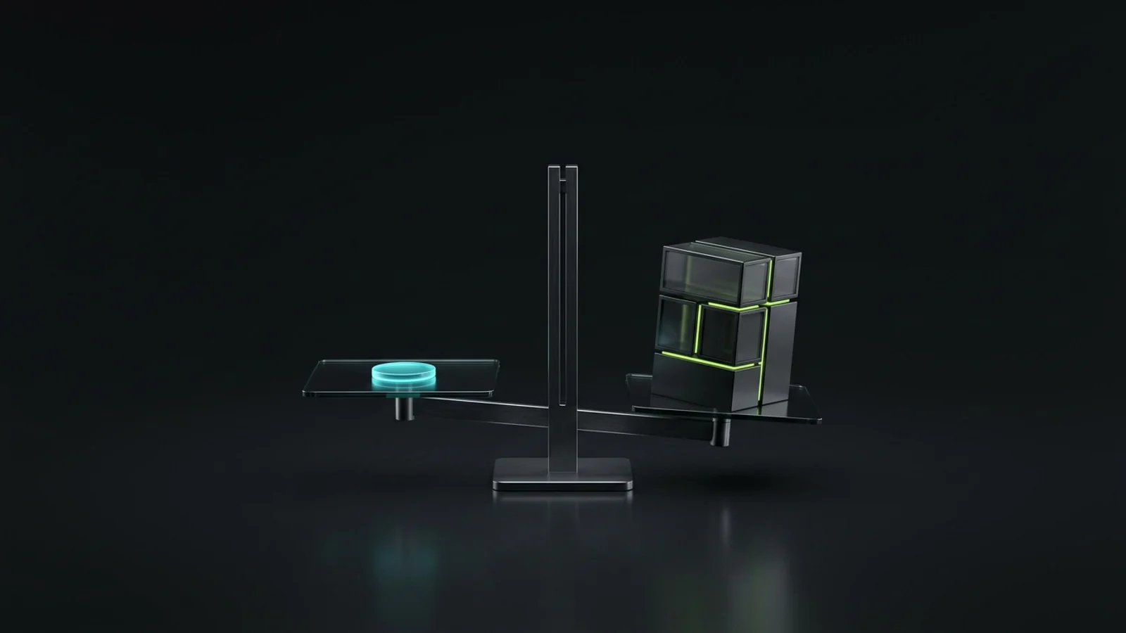 A balance scale weighing a small glowing subscription token against a stack of connected workflow blocks on a dark background, representing whether ChatGPT Plus is worth it for a business