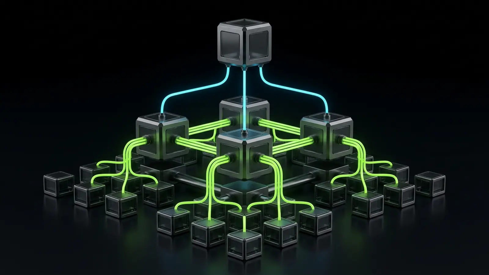 3D modular hierarchy diagram illustrating the department champion model connecting the founder node to three specialized operational hubs and execution modules.