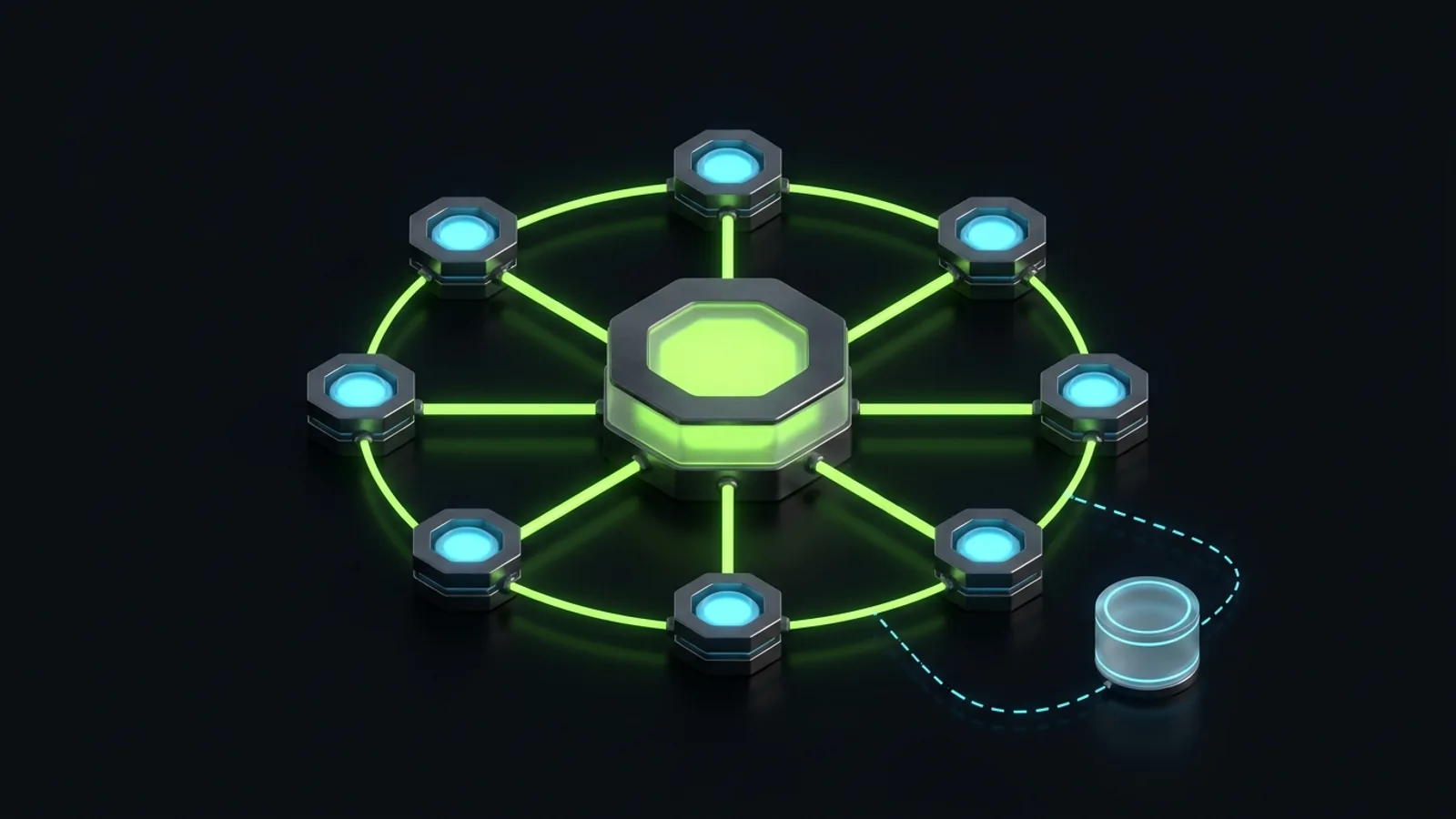 Diagram of a central business node holding ownership of surrounding digital accounts, with an agency node connected as a limited user