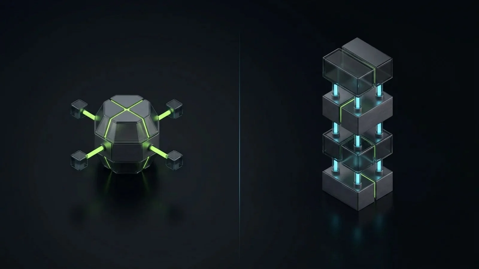 Two distinct geometric structures facing each other across a dark field, one a single compact connected hub and one a set of modular stacked blocks, representing a comparison of two CRM platforms