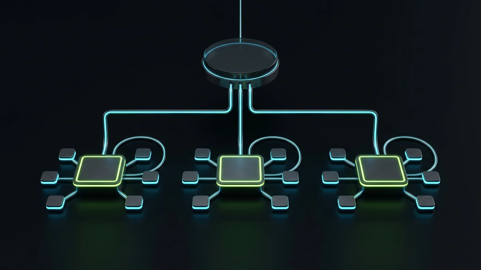 Modular architectural hierarchy showing an executive tier delegating to three departmental champion hubs, each managing frontline execution nodes and exception feedback loops