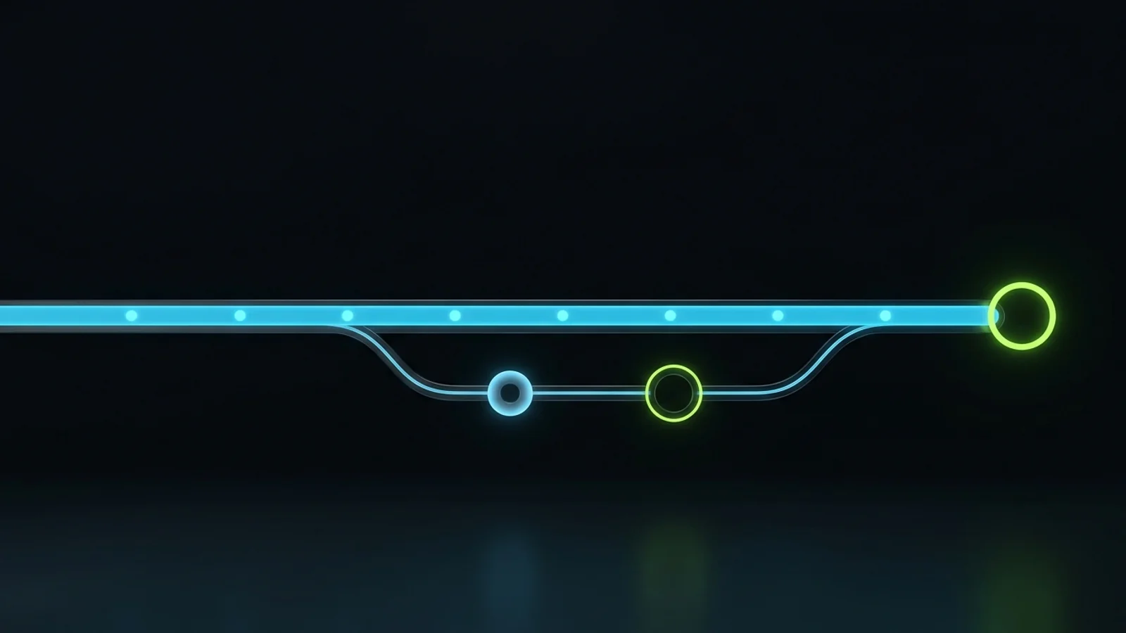 A task flows along a main track toward completion, while an overdue item branches into a two step escalation path and then rejoins the main track