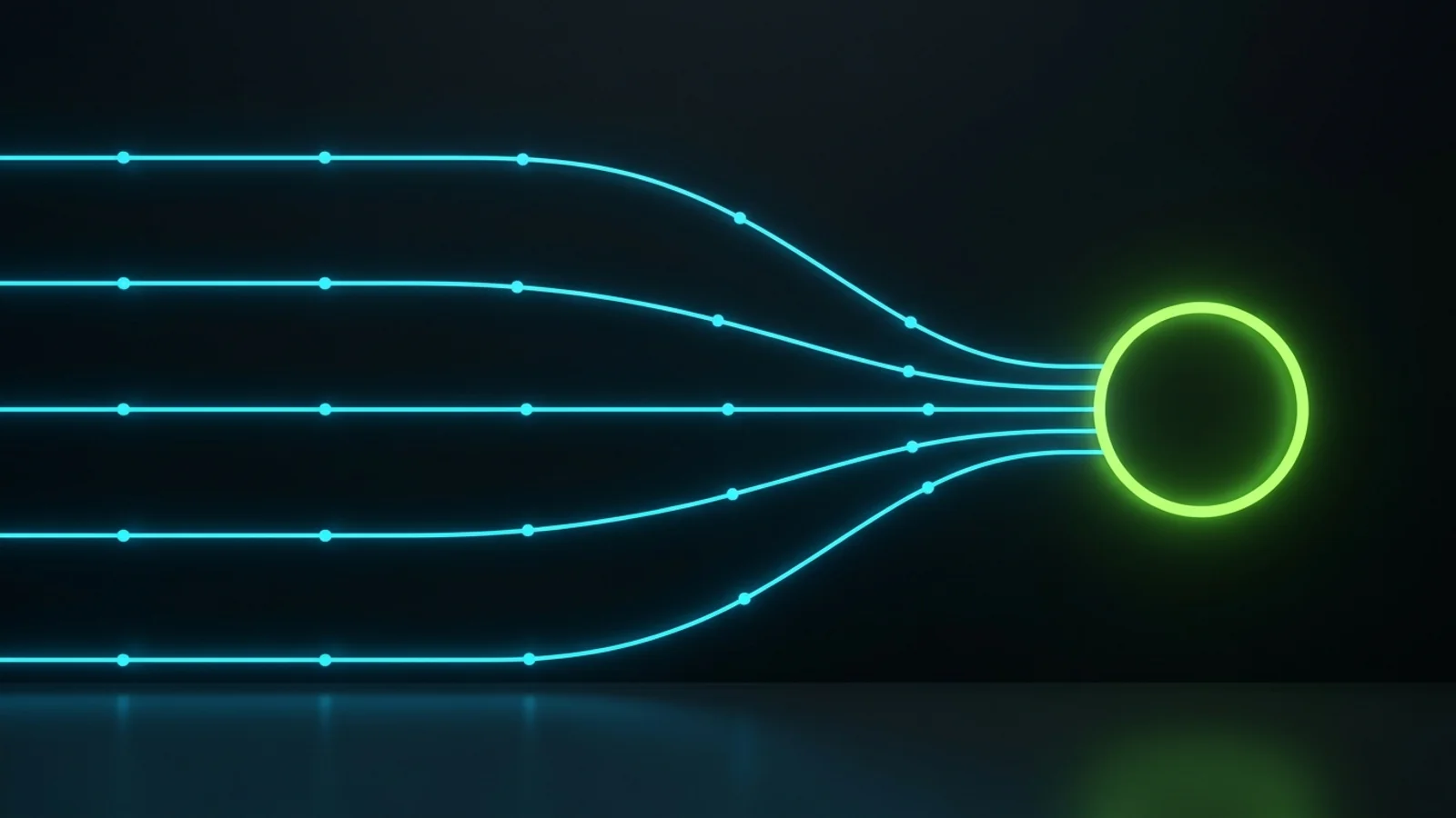 Several glowing lines move independently toward a shared lime target, each on its own clear path, representing a team that owns its results without being watched