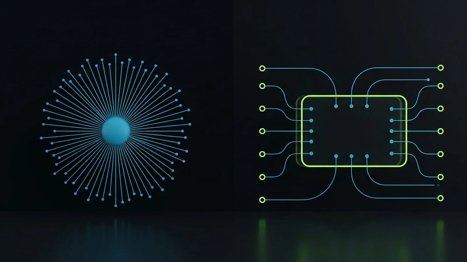 On the left, a single hub with lines pulled tight to many small points; on the right, the same points connected to a shared board and moving freely toward outcomes