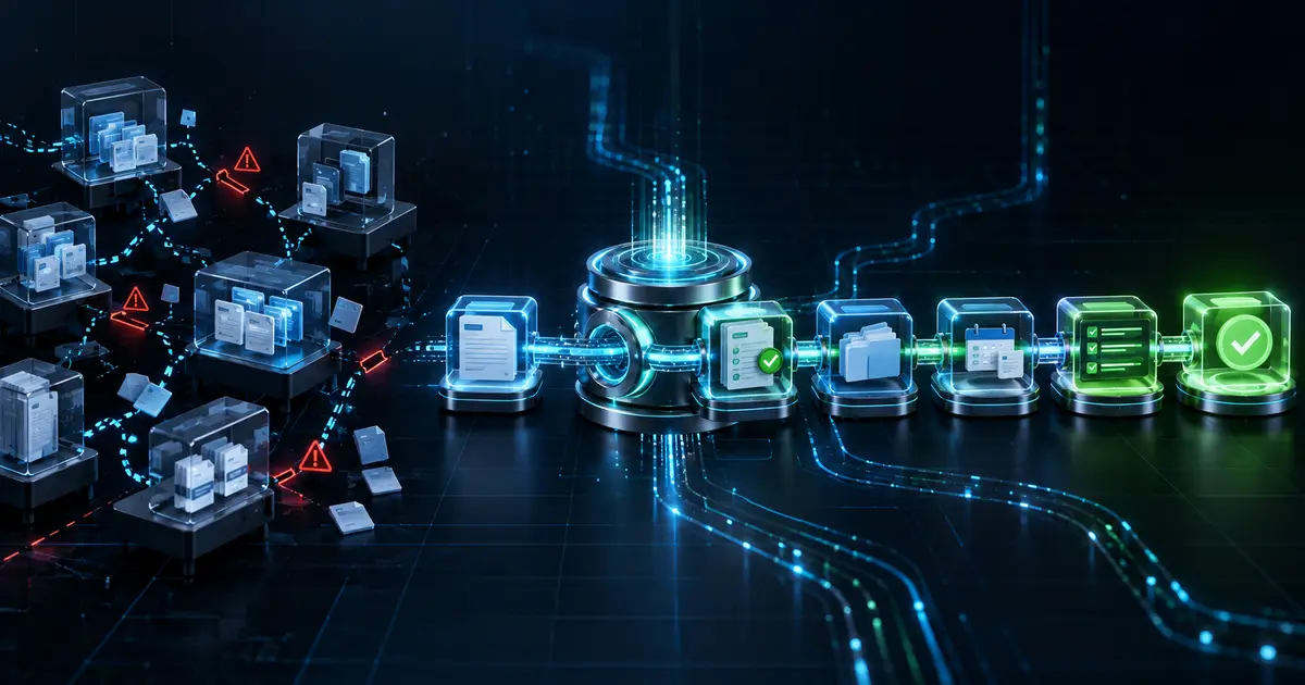 Disconnected service-business tools feeding duplicated records beside a unified workflow routing intake, onboarding and tasks to completion.