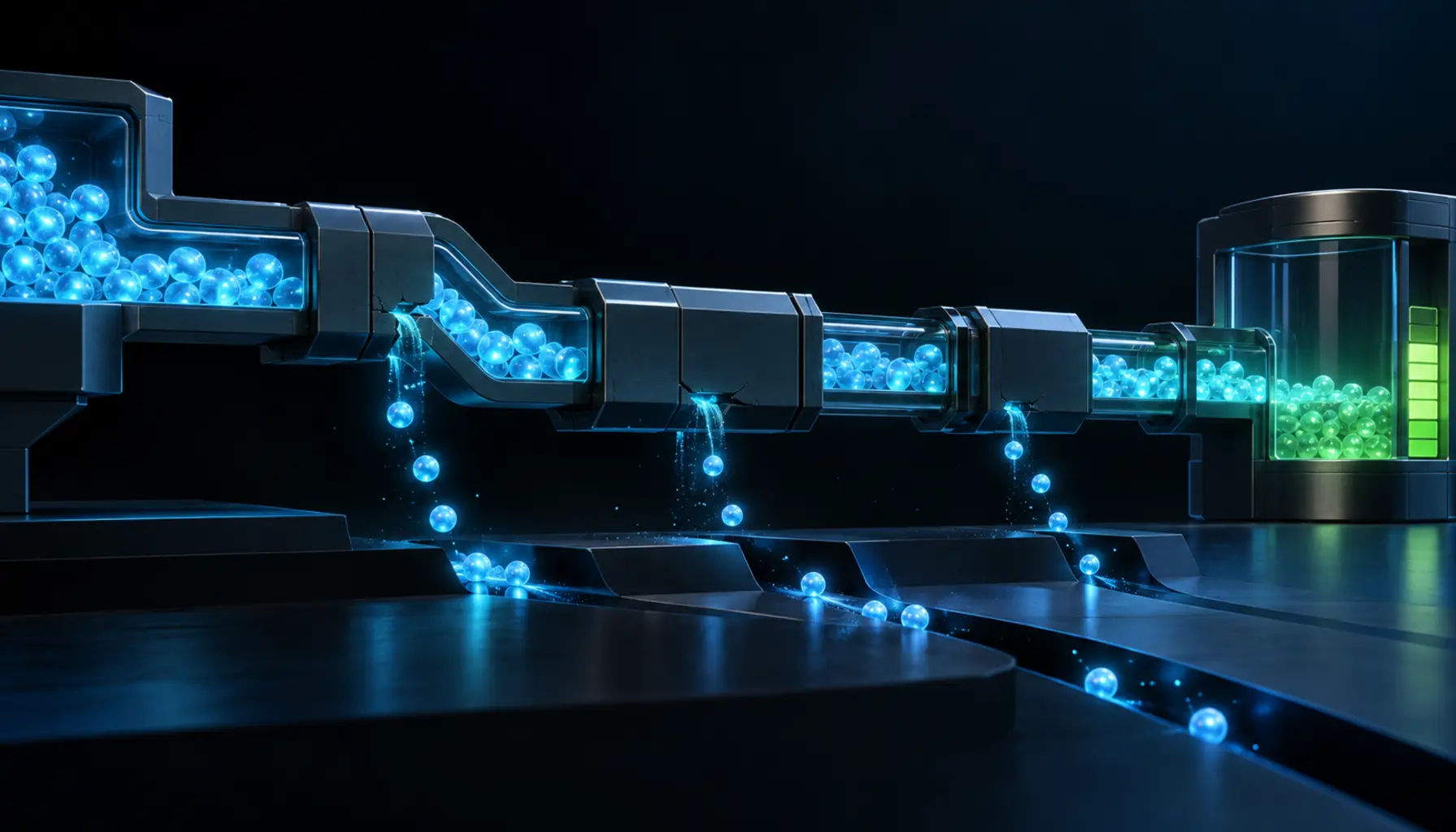 A modular service-business workflow losing blue value tokens through several operational gaps before reaching a green margin meter.