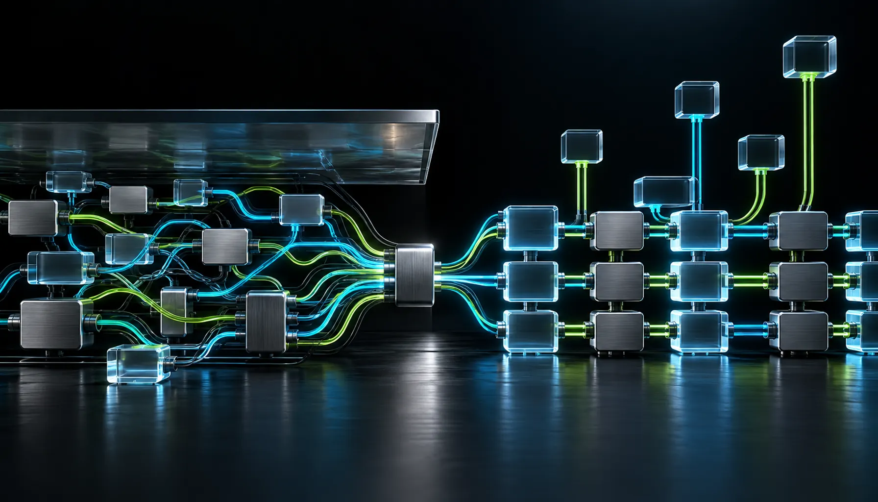 Conceptual illustration of a tangled workflow bottleneck beside a modular delivery system.