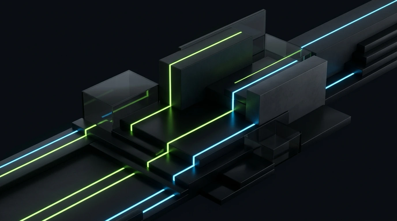 Architectural geometric modular structures on obsidian background representing structured service business operations